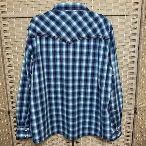 Wrangler Rock 47 Men’s Western Pearl Snap Shirt XXL Blue Plaid Long Sleeve EUC - Picture 2 of 12
